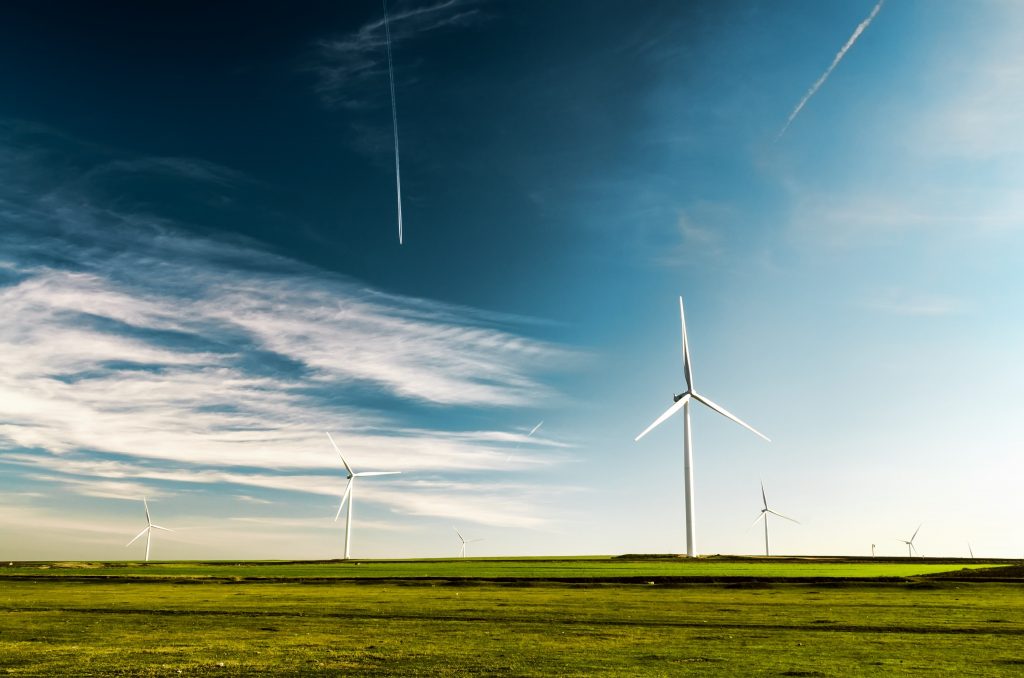 Wind turbines in fields
