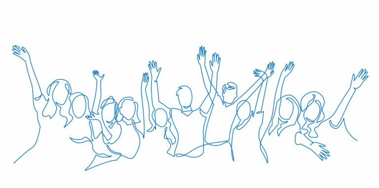 Cheerful crowd cheering illustration. Hands up. Group of applause people continuous one line vector drawing. Audience silhouette hand drawn characters. Women and men standing at concert, meeting.