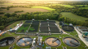 Waste water treatment station in evening sun, Horsham, UK representing the water sector