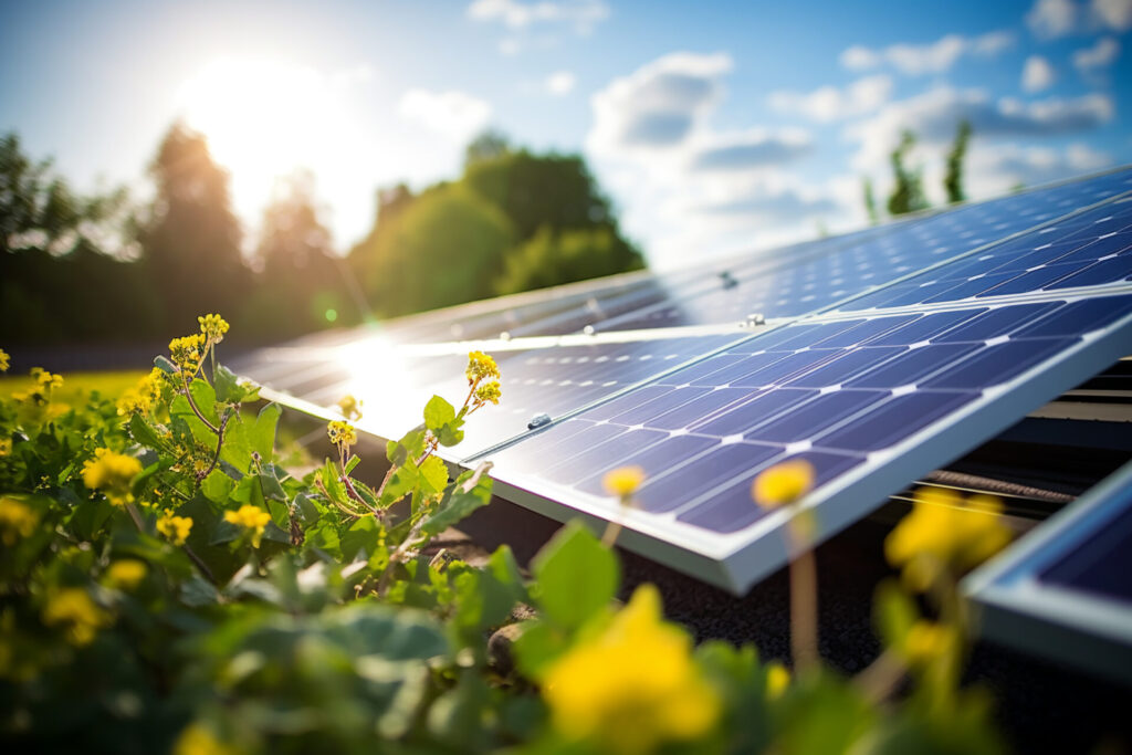 Solar power panel installed on a rooftop. Green energy. Electricity. Power energy pannels. Solar batteries production. (TCR)