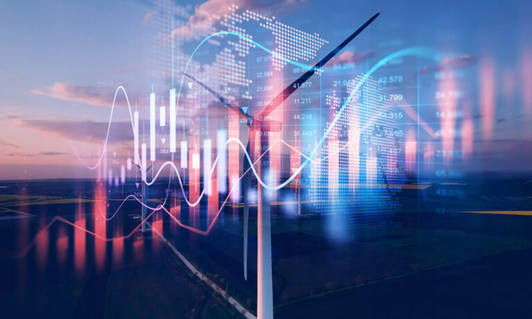 Graph with increasing predictions of 2025 energy prices overlayed on a wind turbine representing grid reforms for energy