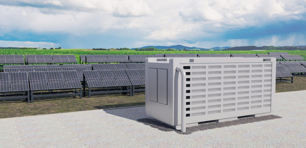 A modern solarfield with battery storage in the wild nature, 3D illustration