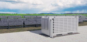 A modern solarfield with battery storage in the wild nature, 3D illustration