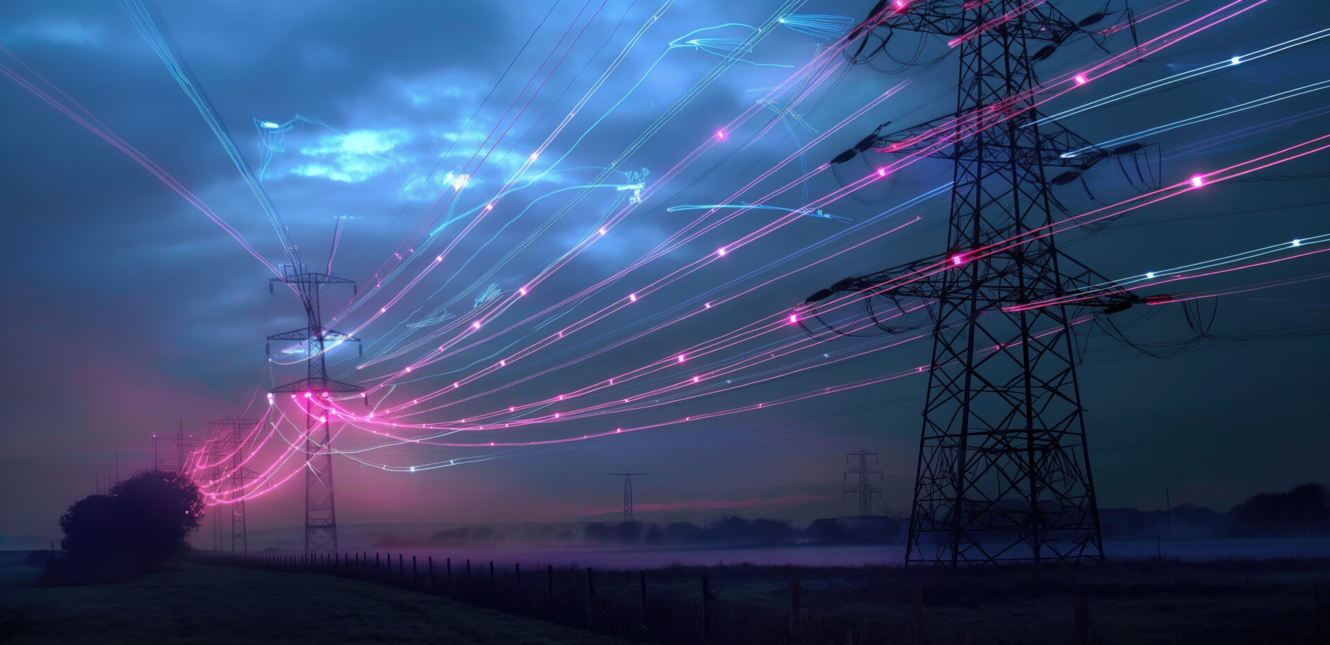 National Grid Power lines at dusk with glowing data streams illustrating telecommunications and power distribution. UK's Electricity grid, renewable energy, data transmission, technology integration