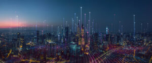 bustling city in 2025 filled with energy rising into the sky