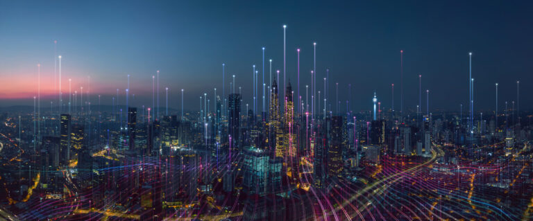 bustling city in 2025 filled with energy rising into the sky