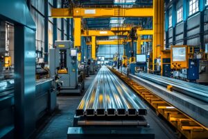 Inside an industrial facility showing steel production