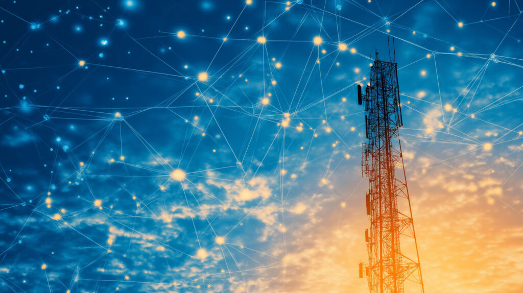 Sunset over a communication tower with a blue sky and clouds, showcasing technology and RTS