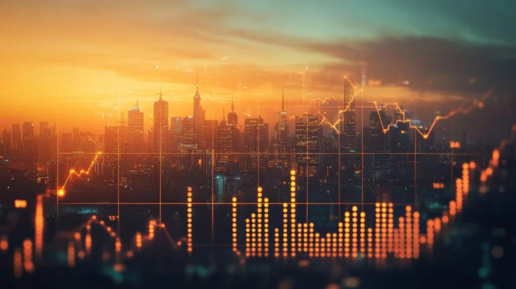 city skyline with orange graph overlay displaying ETS snd emissions trading systems