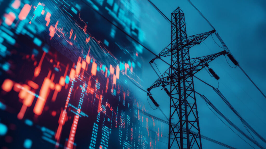electric pole against a background of a stock market chart representing energy suppliers owing customers
