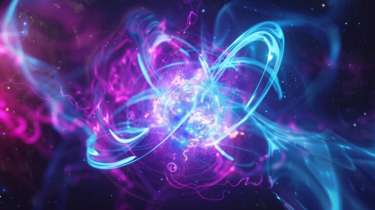 A hyper-realistic 3D illustration of nuclear fusion, with bright energy waves swirling around an atomic core. The fusion energy reaction is depicted in glowing blue and purple tones
