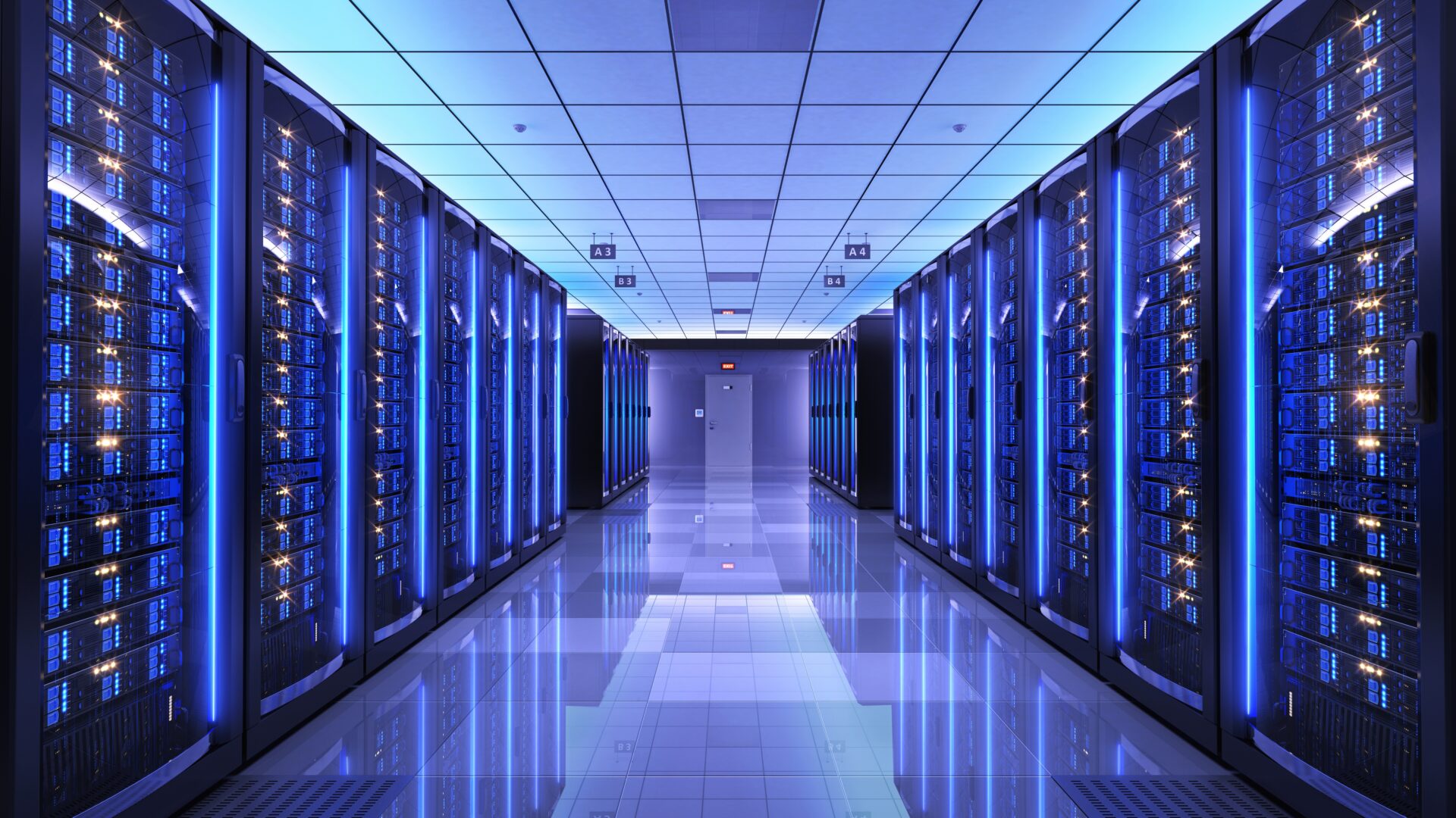 Server racks in server room data centre representing AI