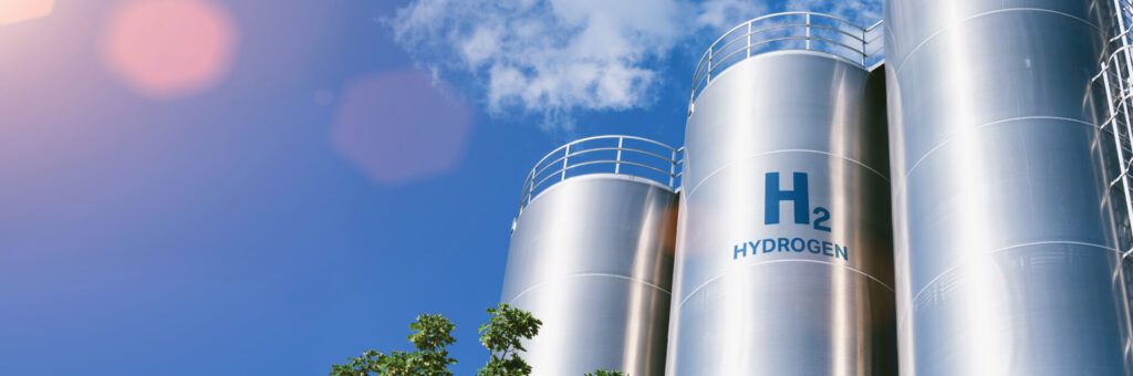 Hydrogen renewable energy production - hydrogen gas for clean electricity solar and windturbine facility.