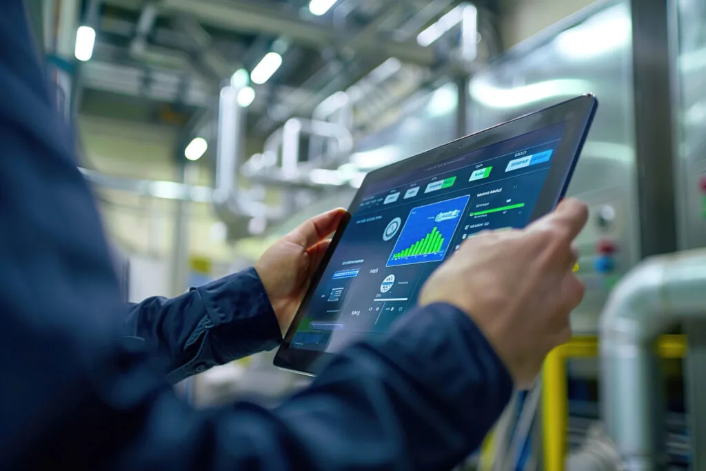 Facility manager monitoring smart building controls on touchscreen, representing metering