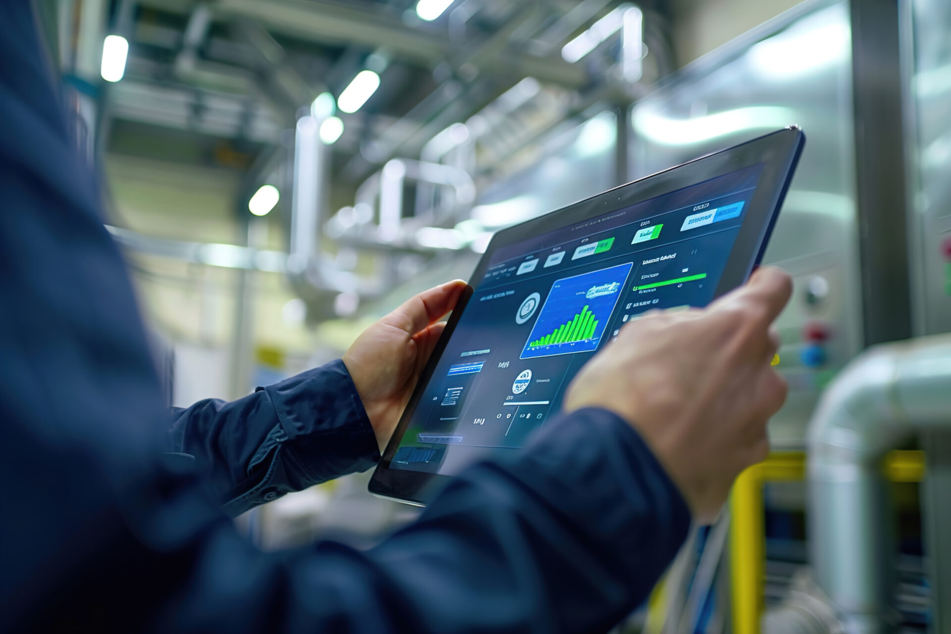 Facility manager monitoring smart building controls on touchscreen, representing metering