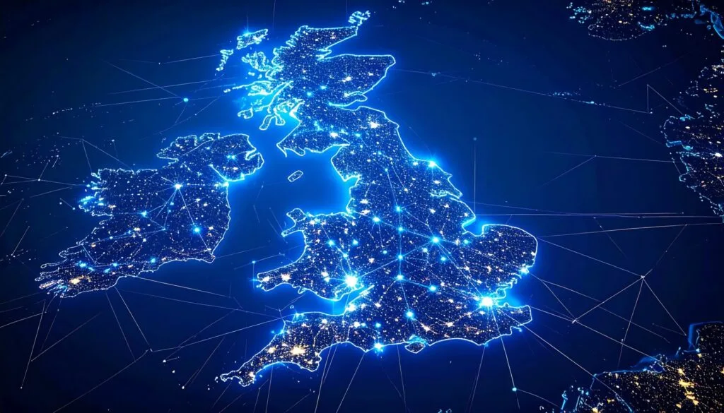 A digital map of the United Kingdom highlighting regional business energy bills