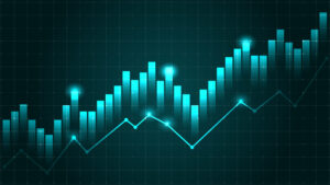 Glowing blue financial chart with rising bars and line graph on dark grid background to show rising energy prices