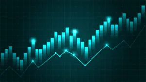 Glowing blue financial chart with rising bars and line graph on dark grid background to show rising energy prices