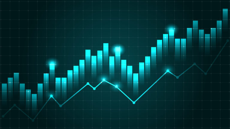 Glowing blue financial chart with rising bars and line graph on dark grid background to show rising energy prices
