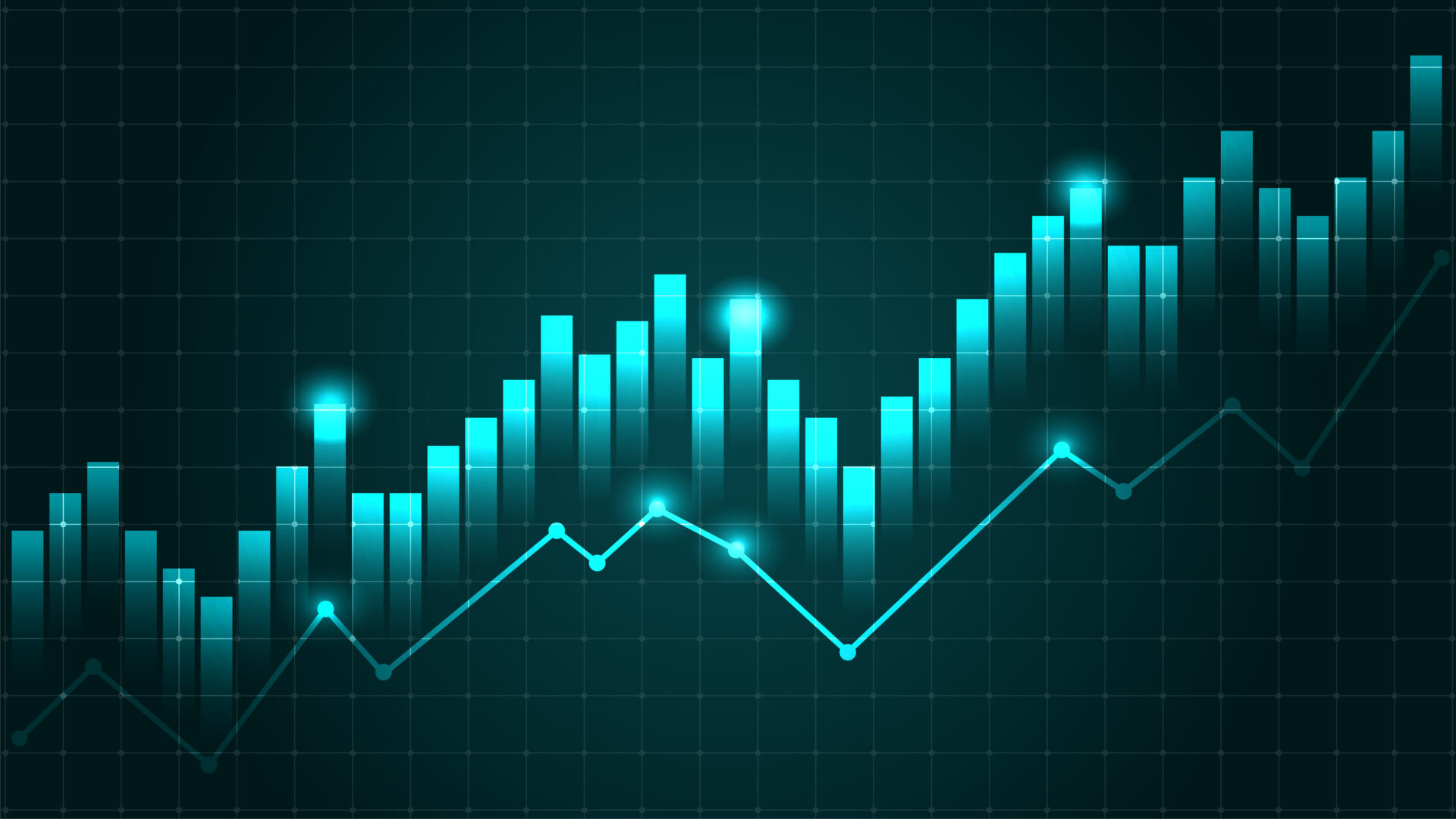 Glowing blue financial chart with rising bars and line graph on dark grid background to show rising energy prices