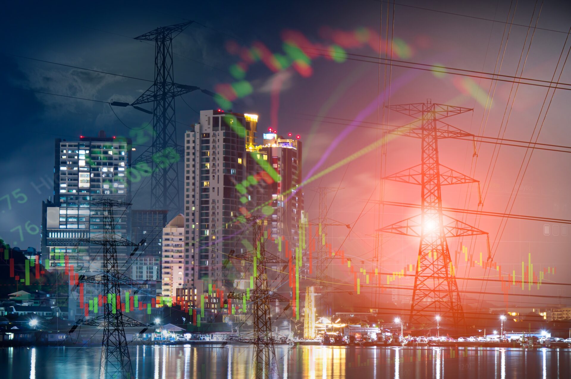 Cityscape with power lines and graphs representing gas and electricity prices