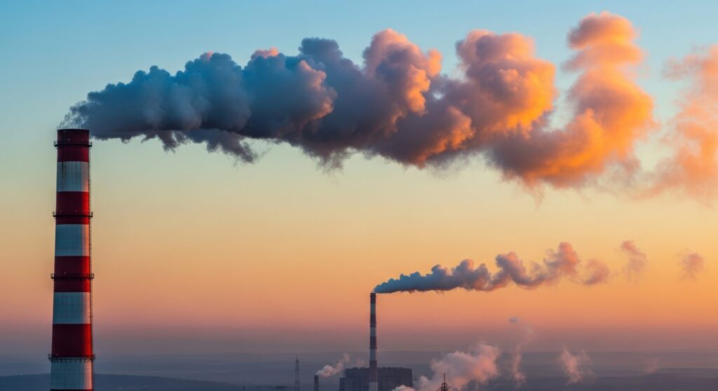 Industrial smokestacks emitting smoke at sunset representing co2 plant