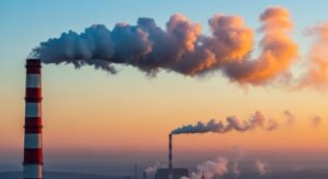 Industrial smokestacks emitting smoke at sunset representing co2 plant