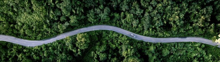 aerial view of car on road winding through trees representing innovation zero