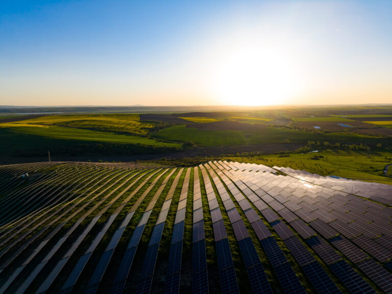 Solar panels cover a large area in the countryside as the sun sets in the background representing low fossil fuel generation