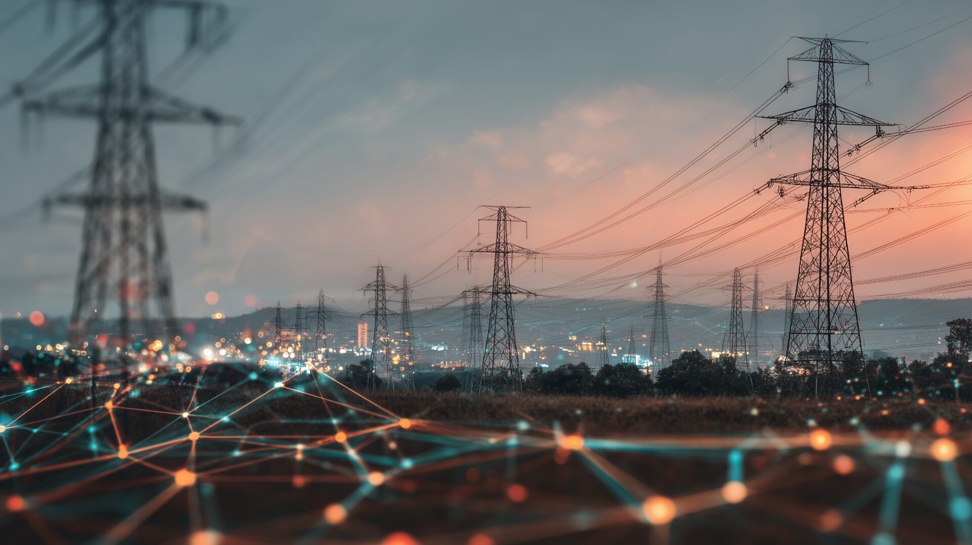 transmission towers against dusk representing network charges