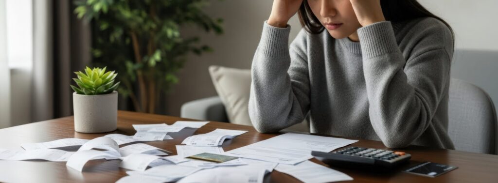 woman distressed about energy debt sat at table surrounded by energy bills