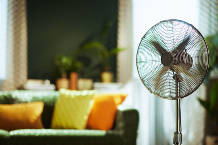 A modern stand fan with spinning blades is prominently featured in a comfortable living room representing climate change