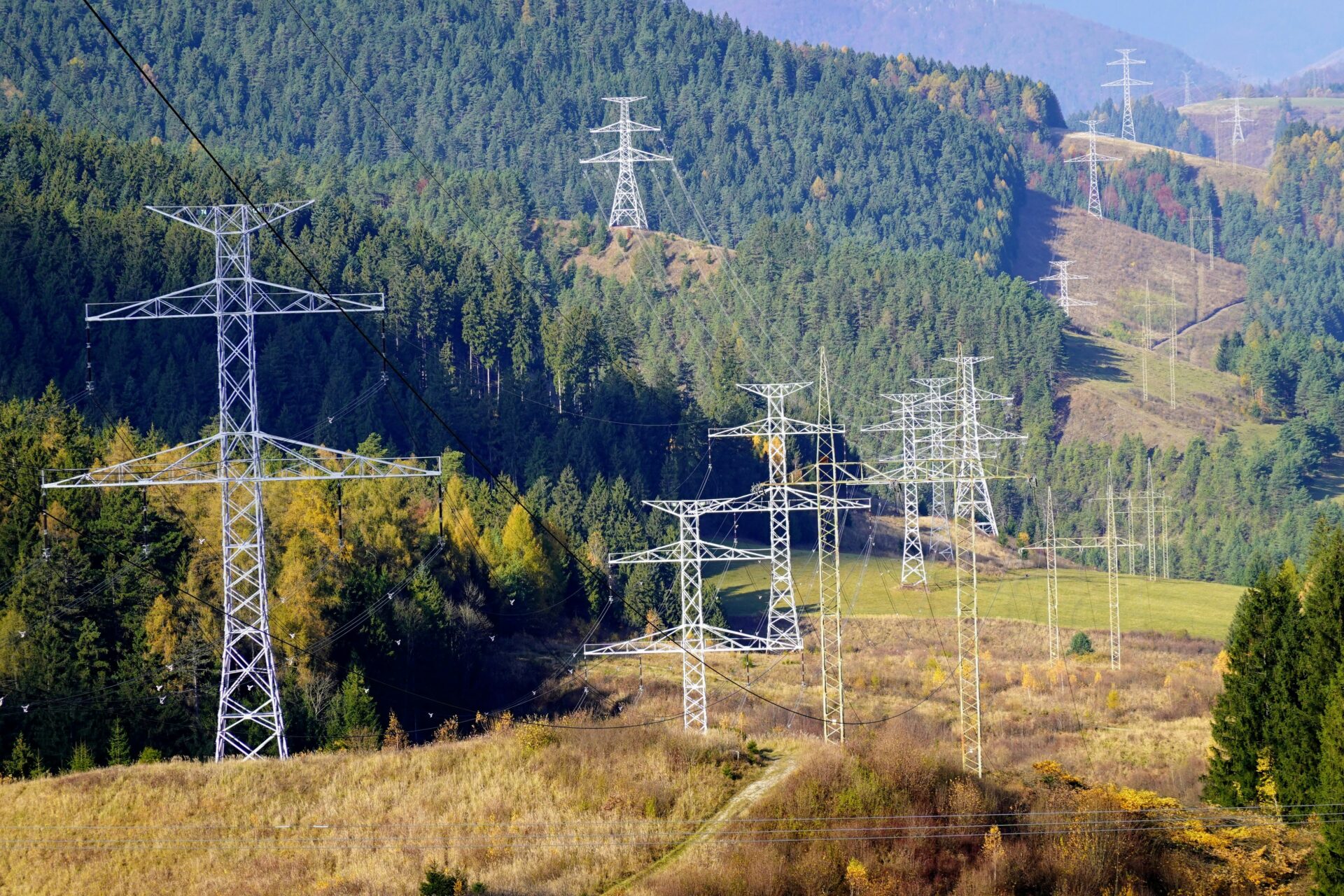 energy pylons on green landscape representing NESO and grid challenges