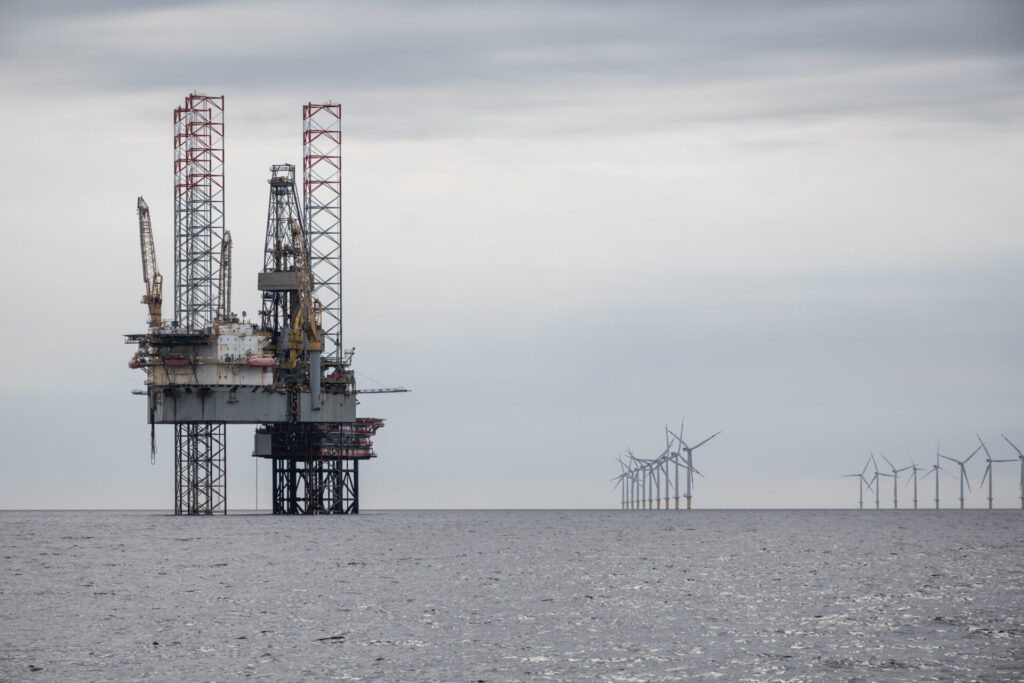 North Sea oil rig drilling platform.