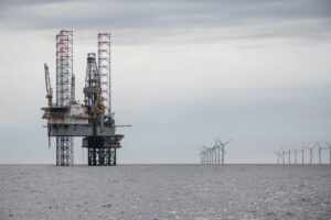 North Sea oil rig drilling platform.