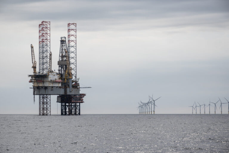North Sea oil rig drilling platform.