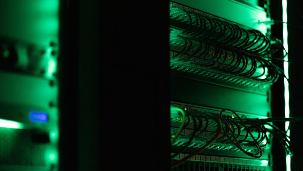 server wires lit up in green glow