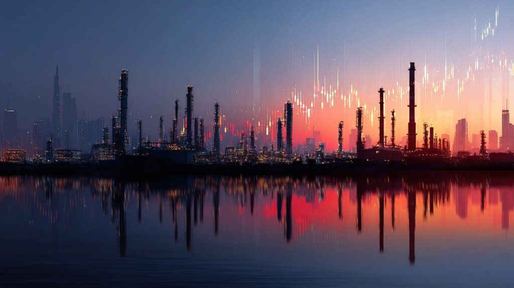 Silhouettes of Oil Refinery at Dubai Skyline during Sunset