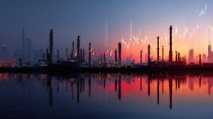 Silhouettes of Oil Refinery at Dubai Skyline during Sunset
