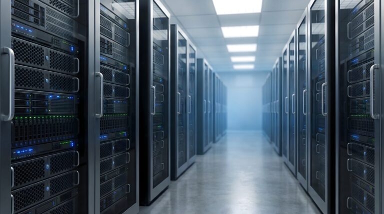 Modern Data Centre Server Room with Blue LED Lights